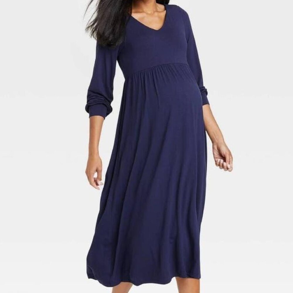 The Nines by HATCH Dress Navy Blue Long Sleeve Stretchy Jersey Knit Maternity